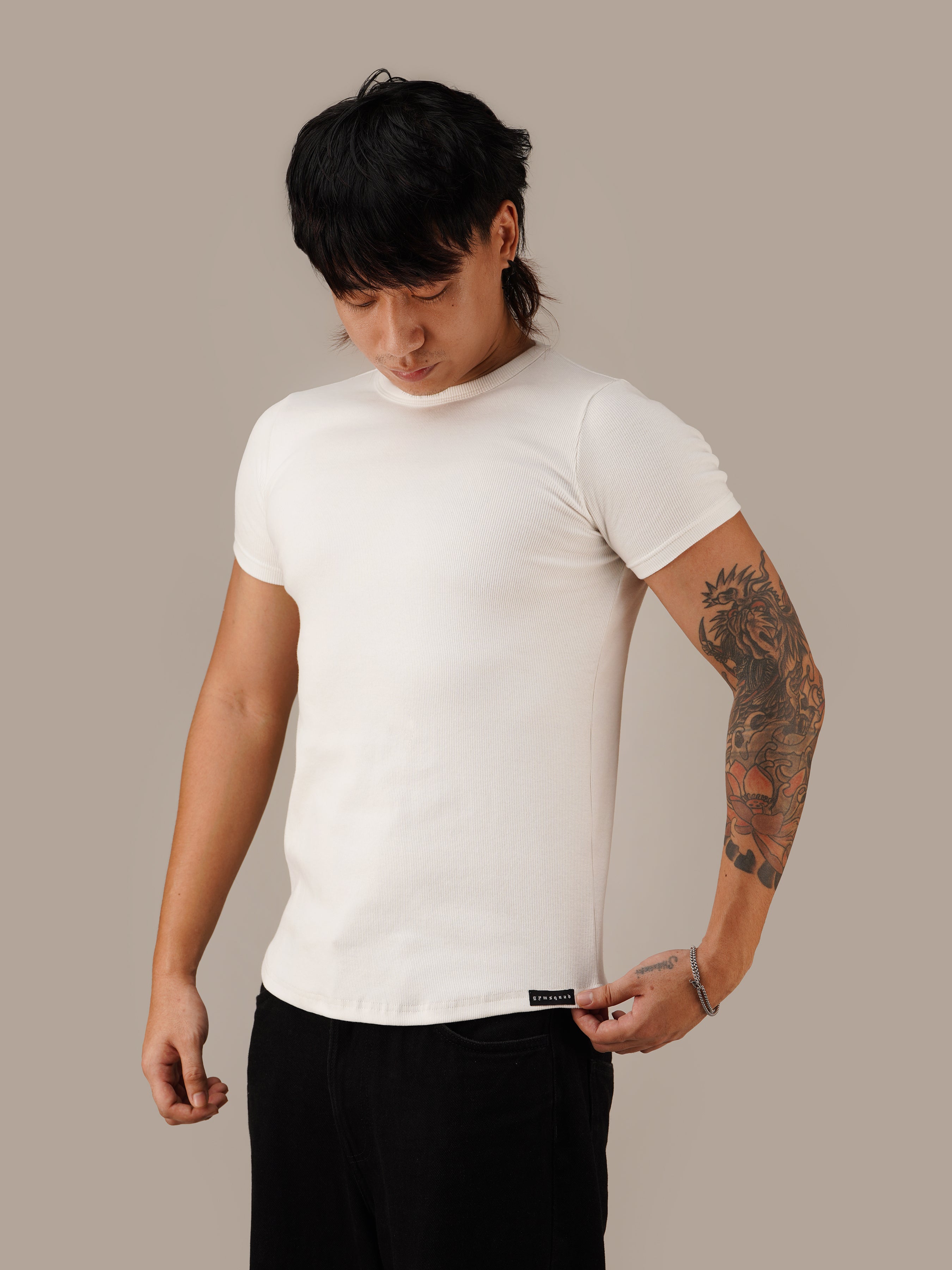 Muscle Fit Ribbed(White)